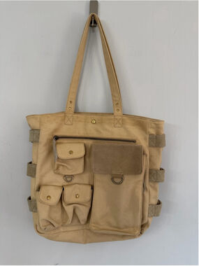 Levenger Fine Leather Tools Khaki Beige Canvas and Leather Shoulder bag unisex
